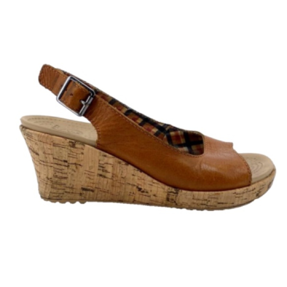 Crocs A-Leigh Women's Sz 7 Brown Leather Slingback Strap Cork Wedge Sandals Used